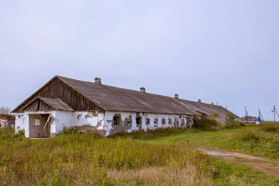 Ancien bâtiment agricole aux murs décrépits, couvert de plaques ondulées grises